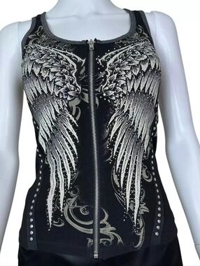 Las Angeles Bus Stop Black Angel Winged Graphic Zip Vest Top L